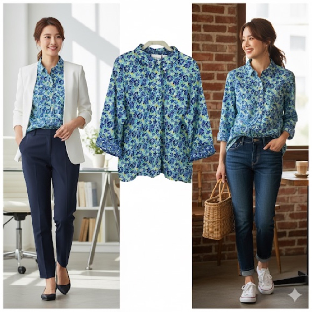 Alfred Dunner Collared Floral Button Front   Sleeves Cuffed Blouse Size …